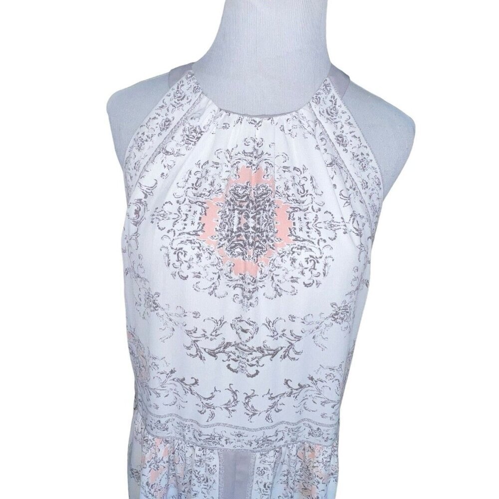 Philosophy Grey Ivory Pink Floral Sleeveless Crew Neck Mini Dress Large Lined - Picture 2 of 10